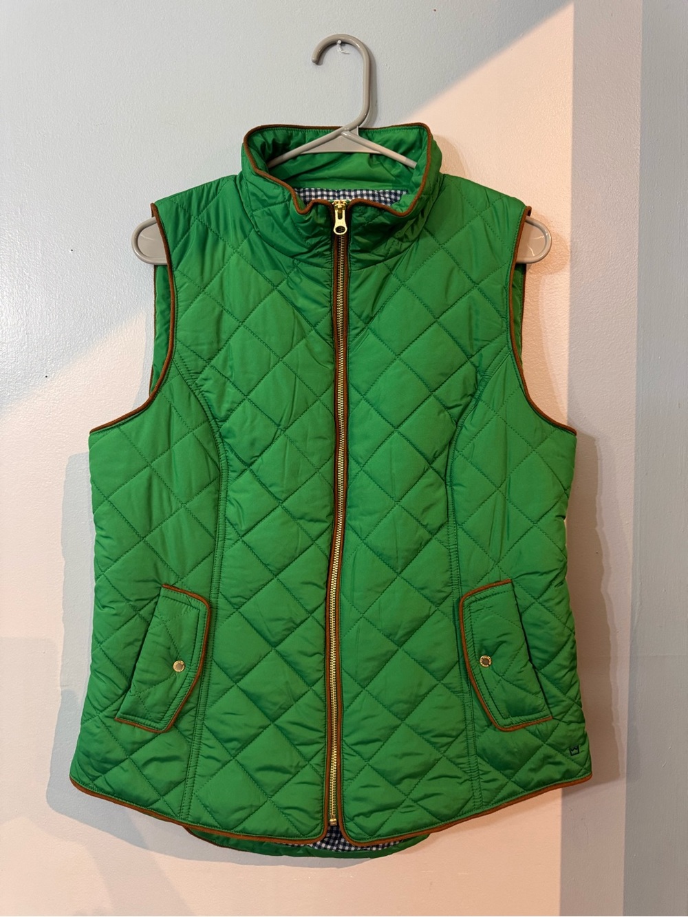 Crown & Ivy Green Quilted Vest Leather Trim Gingham Lining Size Large